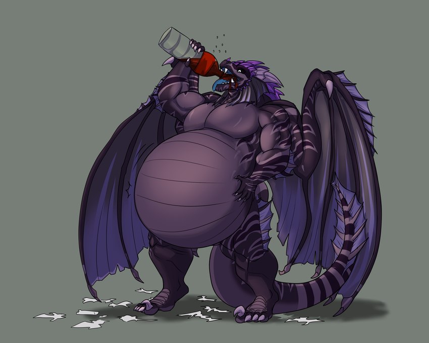 4_toes 5_fingers anthro belly belly_expansion belly_inflation belly_overhang belly_scales beverage big_belly big_muscles black_sclera blue_tongue bubble claws dickerdino drinking drinking_soda expansion feet fingers hand_on_belly horn huge_belly hyper hyper_belly inflation liquid_inflation looking_at_viewer male markings musclegut muscular muscular_anthro muscular_male open_mouth purple_horn purple_wings scales shadow simple_background soda soda_bottle soda_inflation soft_drink solo standing striped_markings striped_tail stripes tail tail_markings teeth toes tongue tongue_out wings wrapper zenoxdeper mythology ixen dragon mythological_creature mythological_scalie scalie absurd_res hi_res