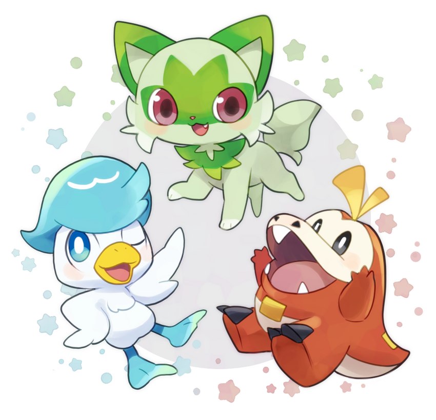 ambiguous_gender blush cute_fangs fangs feral fur green_body green_fur group looking_at_viewer one_eye_closed open_mouth quadruped smile starter_trio teeth trio kuo0 nintendo pokemon fuecoco generation_9_pokemon pokemon_(species) quaxly sprigatito