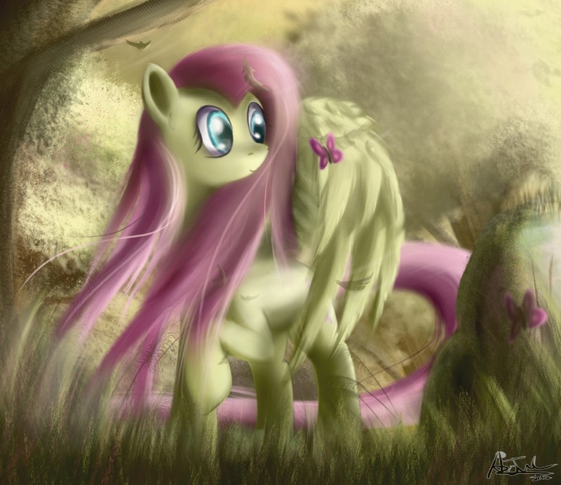 blue_eyes detailed_background feathered_wings feathers female feral forest fur grass hair hooves leaf long_hair nature outside pink_hair plant raised_hoof solo tree wind wings yellow_body yellow_feathers yellow_fur ajvl friendship_is_magic hasbro my_little_pony mythology fluttershy_(mlp) arthropod butterfly equid equine insect lepidopteran mammal mythological_creature mythological_equine pegasus 2012 hi_res signature