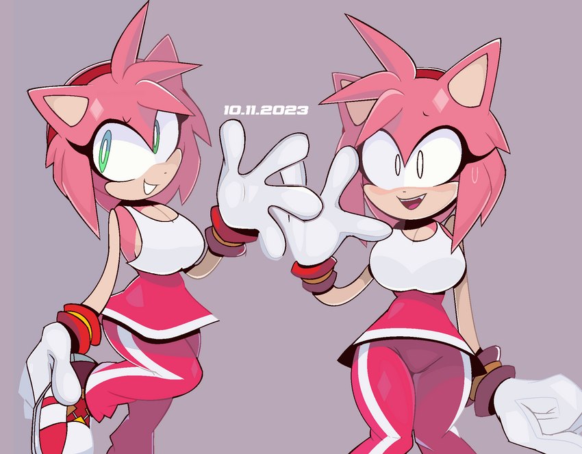 anthro big_breasts bottomwear breasts clothing feet female foot_grab pants pink_body skousers smile solo wave dynablade2 sega sonic_riders sonic_the_hedgehog_(series) amy_rose eulipotyphlan hedgehog mammal hi_res