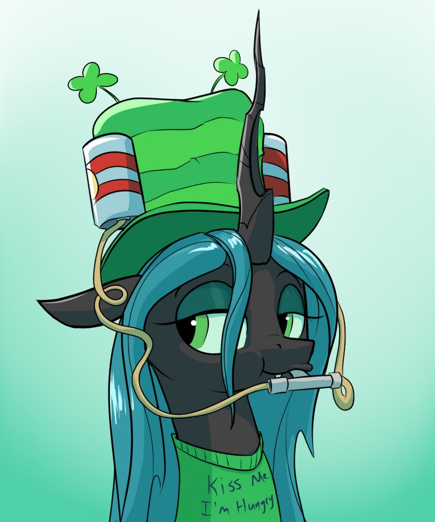 black_body clothing clover_(plant) clover_leaf drinking_straw female feral four_leaf_clover green_eyes green_hair hair hat headgear headwear leaf plant rocket-lawnchair friendship_is_magic hasbro my_little_pony queen_chrysalis_(mlp) arthropod changeling 5:6 green_theme hi_res