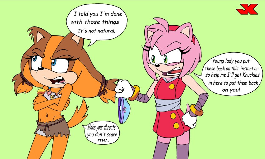 anthro blue_eyes brown_body brown_fur clothed clothing dialogue duo female fur green_background green_eyes no_underwear pink_body pink_fur simple_background speech_bubble text thin_thighs jk sega sonic_boom sonic_the_hedgehog_(series) amy_rose sticks_the_jungle_badger badger eulipotyphlan hedgehog mammal mustelid musteline 5:3 english_text