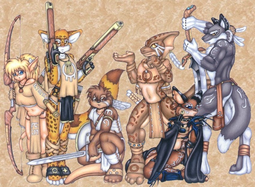 4_fingers anthro bottomwear bow_(weapon) brown_body brown_fur clothing crop_top crotch_apron ear_piercing female fin fin_piercing fingers fluffy fluffy_tail front_view fur furgonomics furry-specific_piercing grey_body grey_fur grey_tail group gun handgun holding_bow_(weapon) holding_gun holding_handgun holding_melee_weapon holding_object holding_pistol holding_ranged_weapon holding_shield holding_sword holding_weapon leg_wraps light_body light_skin loincloth looking_at_viewer male melee_weapon multicolored_body multicolored_fur piercing pistol ranged_weapon shield shirt side_view skole snout standing sword tail tan_body tan_fur tan_skin three-quarter_view topwear tribal two_tone_body two_tone_fur two_tone_tail warrior weapon white_body white_fur white_tail wraps ollie_canal bat canid canine canis cepn elf hoomiku humanoid koba_(species) lutrai mammal mustelid otter scalie wolf colored_pencil_(artwork) traditional_media_(artwork)