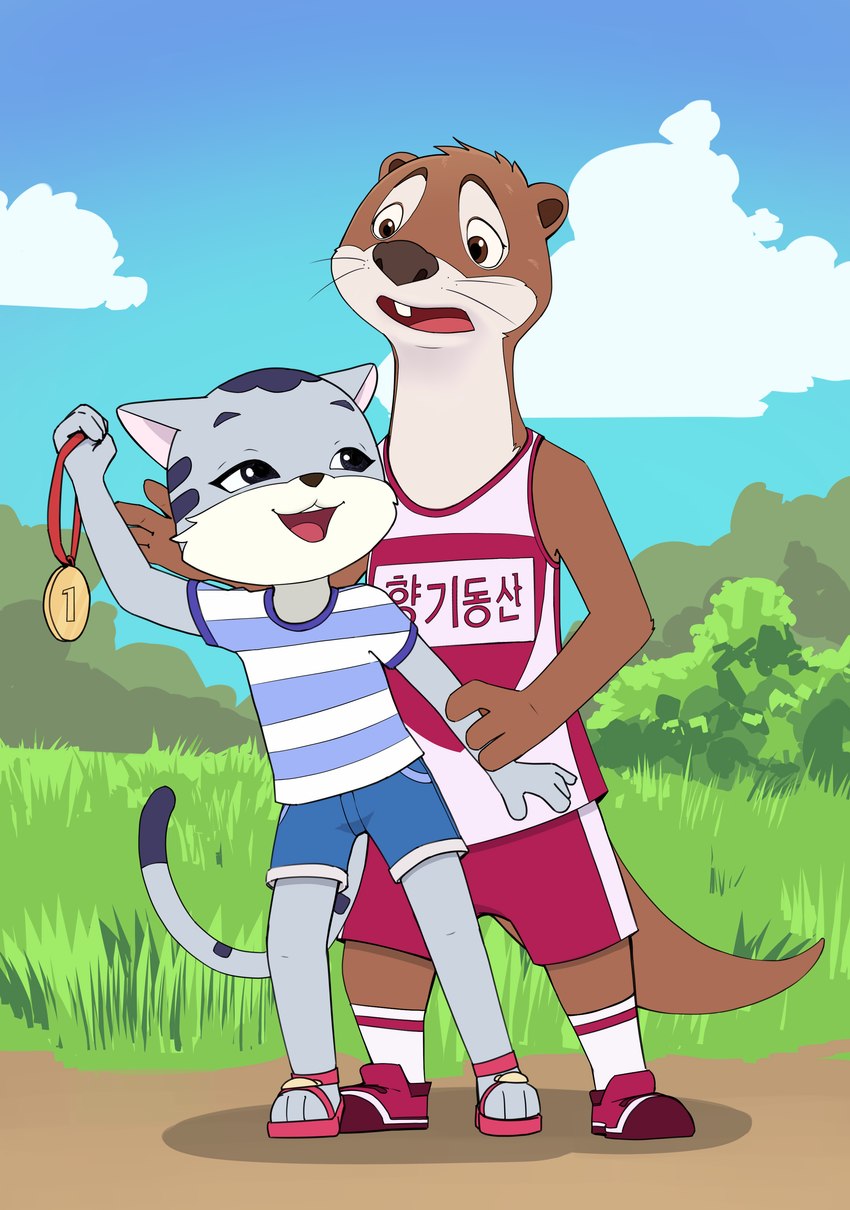 anthro bottomwear clever clothing duo female korean laugh male shorts sportswear teasing text young young_anthro young_male kitsune2000 domestic_cat felid feline felis mammal mustelid otter procyonid raccoon absurd_res hi_res