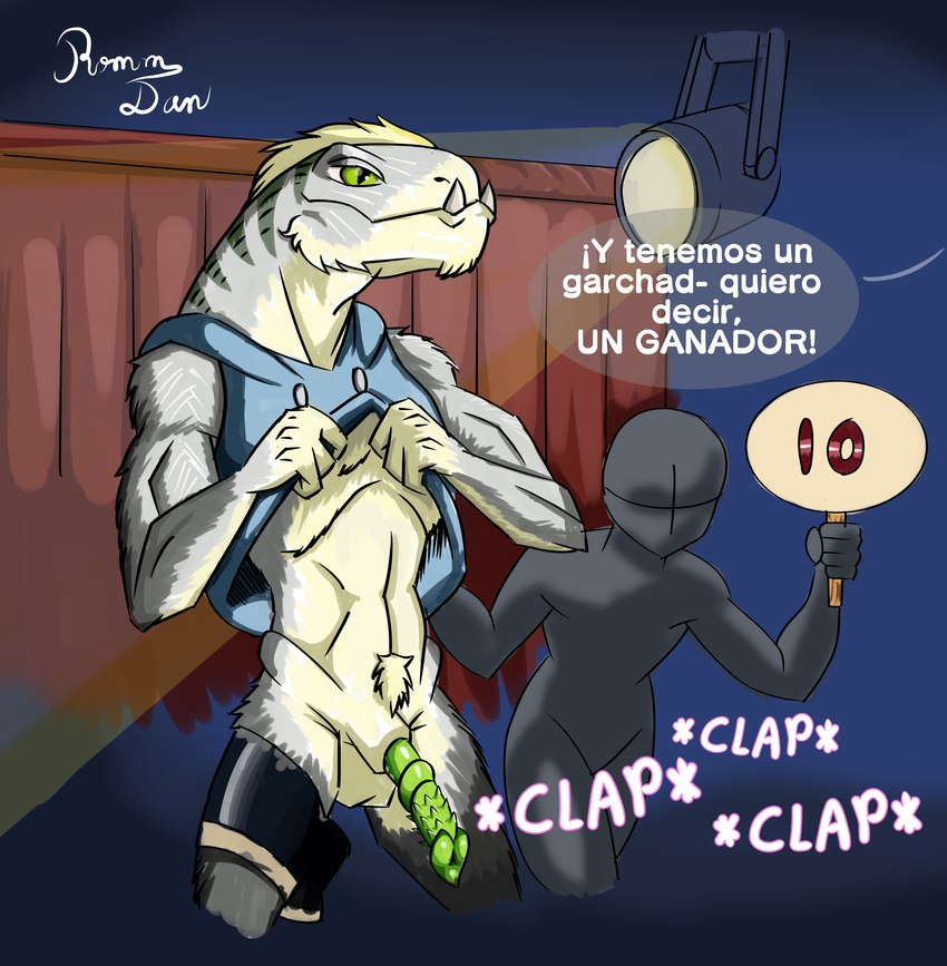 anthro clapping dick_rating duo female fluffy genitals green_penis male male/female penis pubes rating_card spiked_penis spikes spikes_(anatomy) stage tusks rommdan alien eupelycosaur human mammal synapsid therapsid absurd_res hi_res