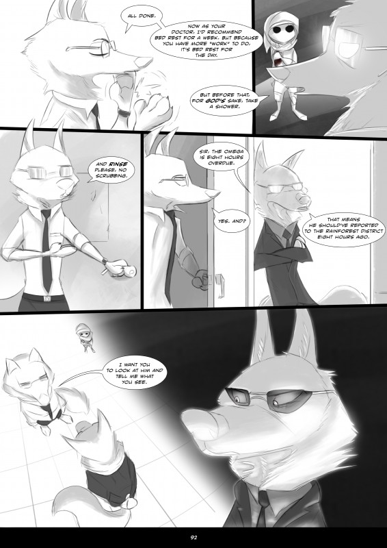 anthro blood bodily_fluids clothed clothing eyewear glasses group hood male mask necktie speech_bubble standing suit text yitexity disney zootopia fan_character omega_(yitexity) ryder_howell_(yitexity) canid canine canis lagomorph leporid mammal rabbit wolf 2017 absurd_res comic english_text hi_res restricted_palette