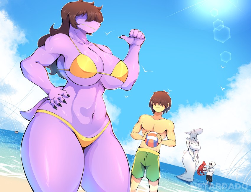 anthro ball beach big_breasts big_butt bikini biped bone breasts brown_hair butt cleavage clothed clothing detailed_background dress female group hair hair_over_eyes huge_breasts male outside purple_body skeleton swimwear thick_thighs topless two-piece_swimsuit white_body white_clothing netardado deltarune godzilla_(series) toho undertale_(series) destoroyah kris_(deltarune) sans_(undertale) susie_(deltarune) toriel animated_skeleton boss_monster_(undertale) bovid caprine goat human humanoid mammal scalie undead 2025 digital_media_(artwork) hi_res