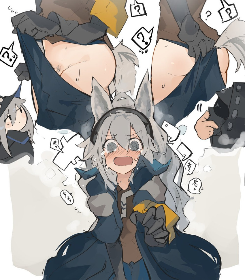 ambiguous_gender blush bodily_fluids bottomwear butt clothing crying duo embarrassed female grey_hair group hair jacket open_mouth pants pubes simple_background tears text topwear wardrobe_malfunction white_background mikojin arknights hypergryph studio_montagne doctor_(arknights) grani_(arknights) skadi_(arknights) animal_humanoid equid equid_humanoid human humanoid mammal mammal_humanoid 2020 japanese_text