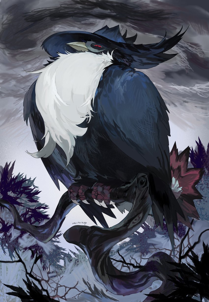 ambiguous_gender beak branch cloud day feathered_tail feathers feet feral on_branch outside pseudo_hat pupils red_eyes sky slit_pupils solo tail talons toes white_sclera wings kamikiririp nintendo pokemon avian bird generation_4_pokemon honchkrow pokemon_(species) 2024 digital_media_(artwork) hi_res signature