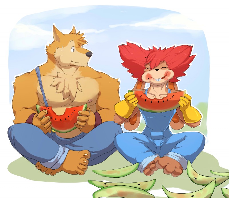 abs anthro biceps chest_tuft claws clothing duo eating female food fruit fruit_peel fur hair holding_food holding_object male melon muscular nipples overalls paws pecs plant red_hair tuft watermelon watermelon_slice wristband o-ro wuffle_(webcomic) debbita wuffle canid canine canis hare lagomorph leporid mammal wolf absurd_res hi_res