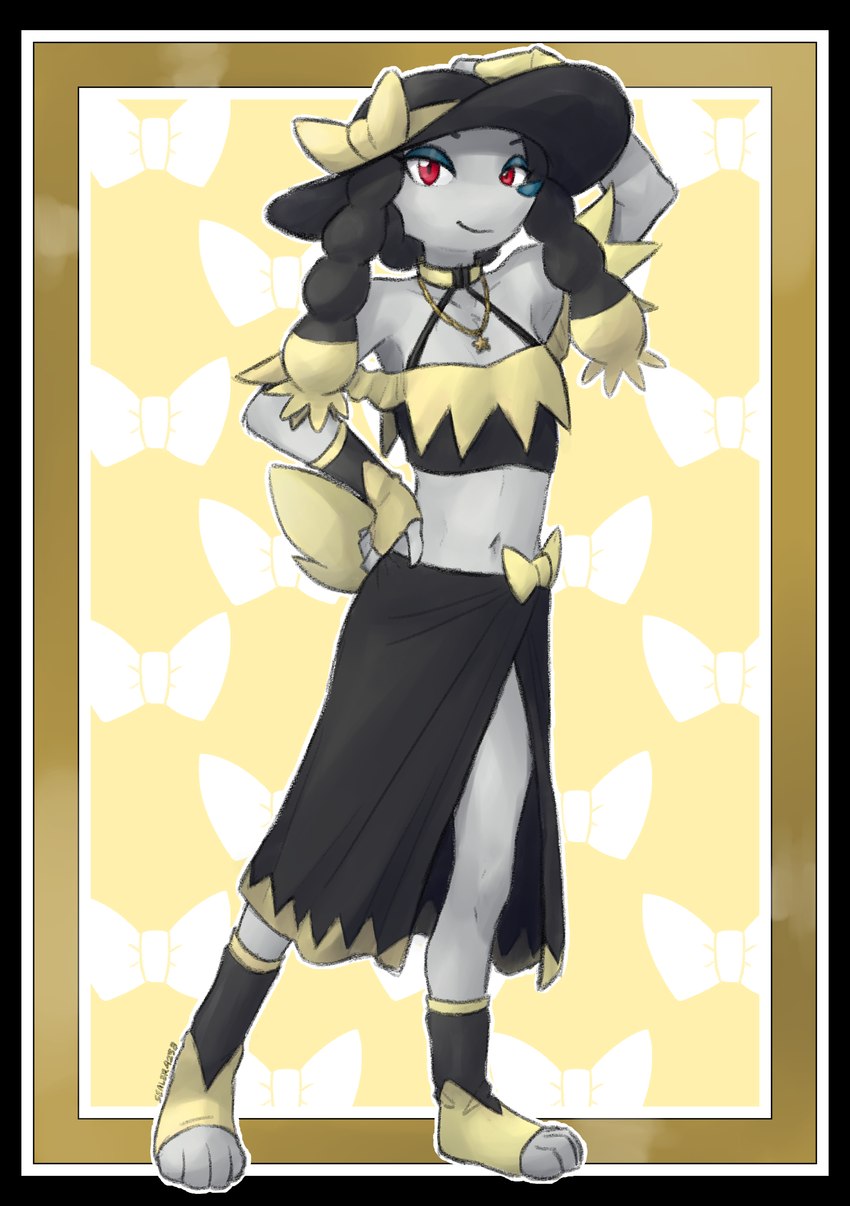 4_toes anthro anthrofied biped black_hair bottomwear breasts clothed clothed_anthro clothed_female clothing feet female fingers front_view fully_clothed fully_clothed_anthro fully_clothed_female fur grey_body grey_fur hair hand_on_head hand_on_hip hand_on_own_head hand_on_own_hip hat headgear headwear looking_at_viewer navel pokemorph red_eyes simple_background small_breasts smile solo standing tail toes topwear yellow_tail sealer4258 nintendo pokemon nicolette_(myokehn) debutante_trim_furfrou furfrou generation_6_pokemon pokemon_(species) shiny_pokemon 2025 absurd_res digital_media_(artwork) hi_res