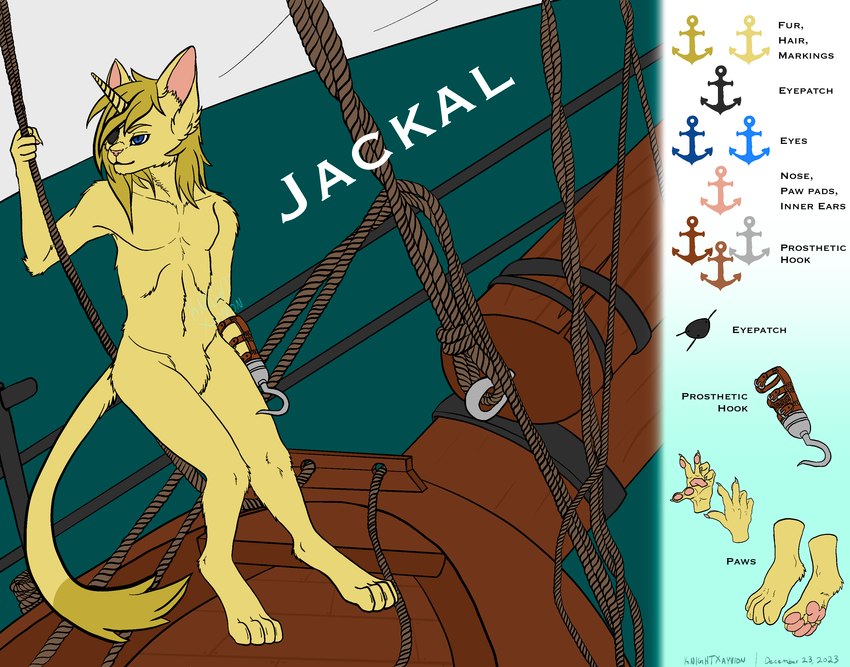 anchor anthro blonde_hair blue_eyes boat eye_patch eyewear featureless_crotch fur hair hook hook_hand horn male multicolored_tail pawpads pink_pawpads rope solo tail text unicorn_horn vehicle watercraft yellow_body yellow_ears yellow_fur yellow_tail knightxayvion jackal_the_pirate_unikitty domestic_cat felid feline felis mammal absurd_res english_text hi_res model_sheet