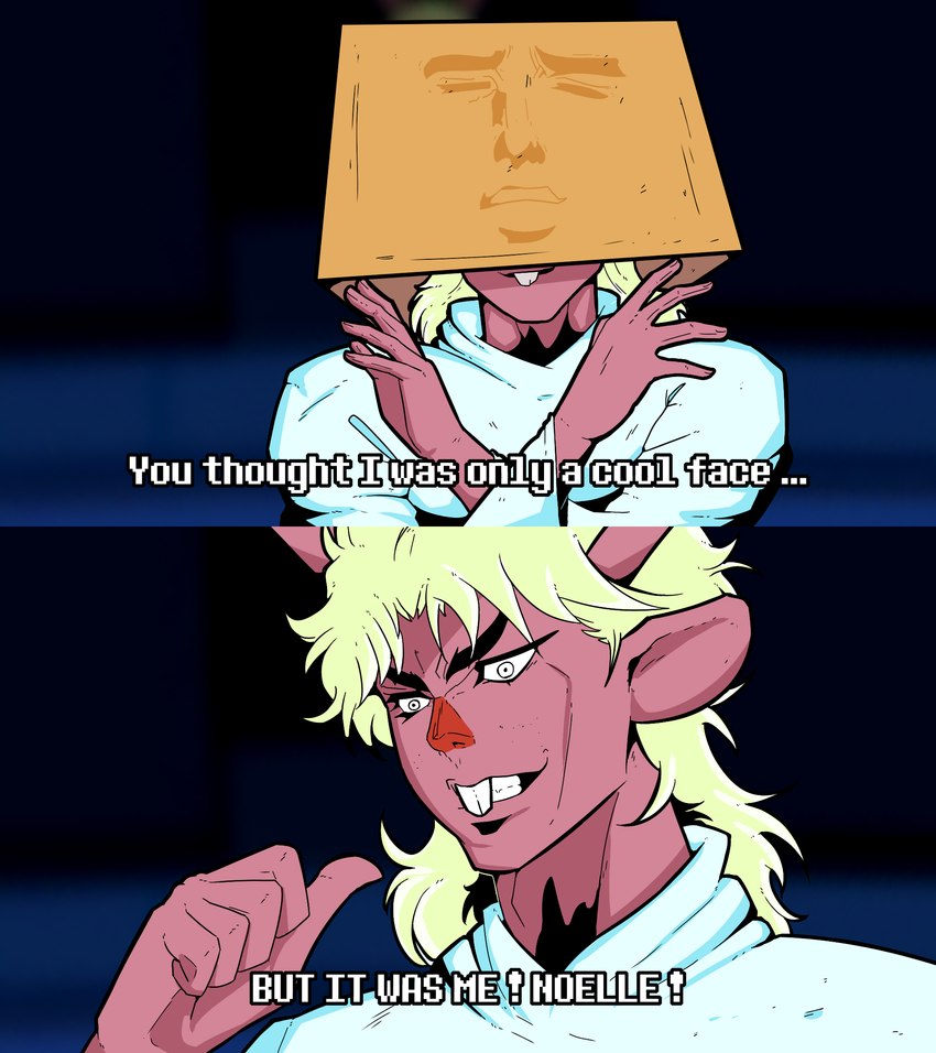 antlers blonde_hair box box_on_head buckteeth caption clothing container container_on_head dialogue gesture hair hand_gesture horn jojo_pose jojo_quote male object_on_head pointing pointing_at_self robe solo teeth text knk-ing deltarune it_was_me_dio jojo's_bizarre_adventure undertale_(series) yaranaika noelle_holiday cervine deer mammal new_world_deer reindeer 2021 english_text hi_res meme subtitled