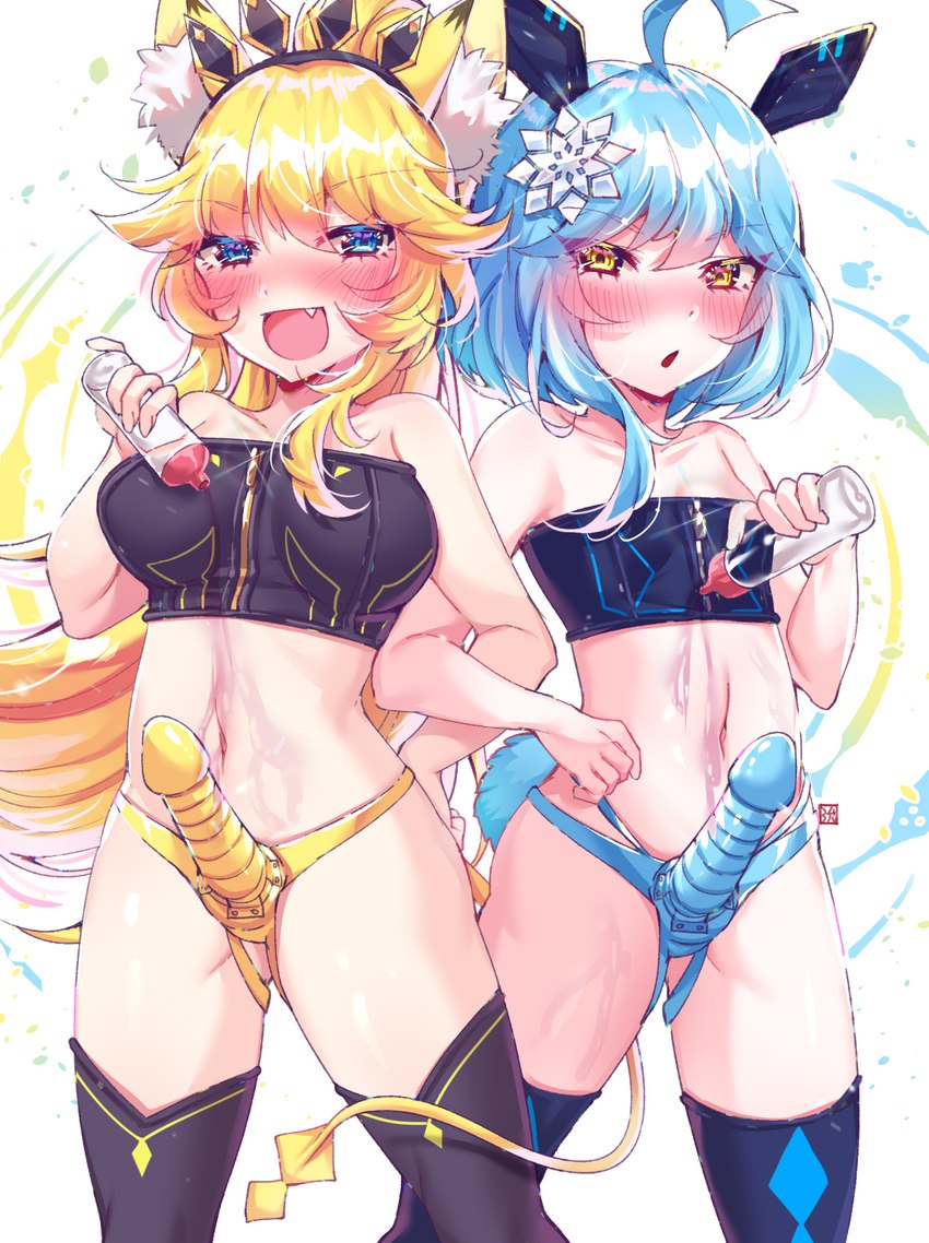 alternative_fashion big_breasts blonde_hair blue_eyes blue_hair blush breasts duo fangs female gyaru hair huge_breasts j-fashion long_hair lube navel open_mouth sex_toy short_hair small_breasts teeth yellow_eyes yeon-kun sanrio show_by_rock!! rararin_(show_by_rock!!) uiui_(show_by_rock!!) animal_humanoid caracal_humanoid felid felid_humanoid feline feline_humanoid humanoid lagomorph lagomorph_humanoid leporid_humanoid mammal mammal_humanoid rabbit_humanoid hi_res