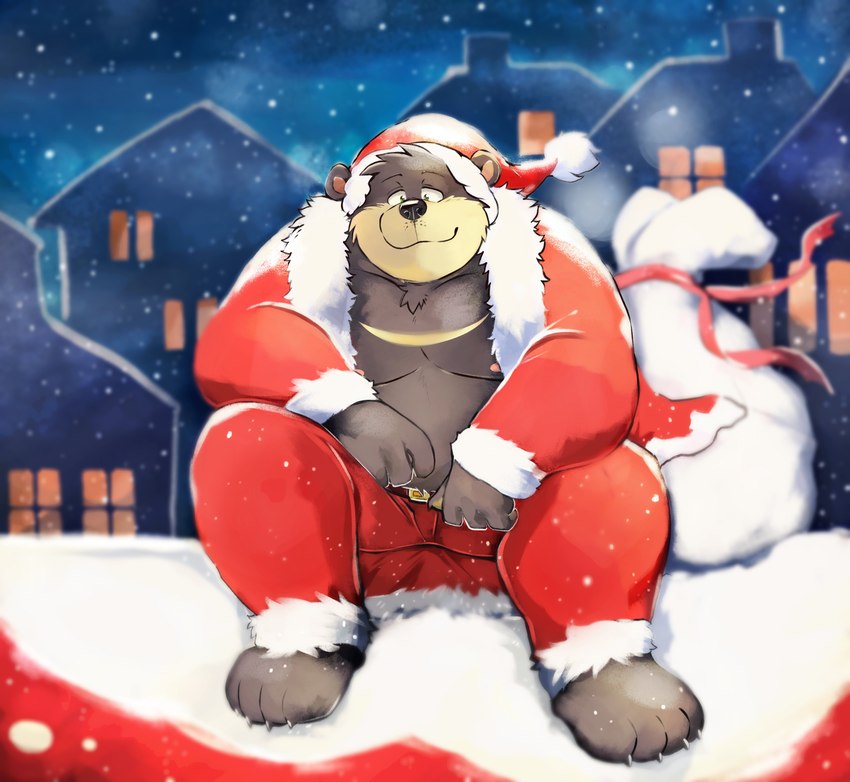 anthro belly black_body black_nose christmas_clothing christmas_headwear clothing detailed_background hat headgear headwear holidays kemono male moobs night nipples outside overweight overweight_male santa_hat sitting snow snowing solo ginnosuke christmas santa_claus bear mammal 2022 absurd_res hi_res