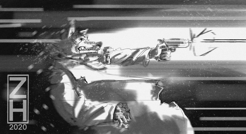 anthro blood bodily_fluids bullet clothing coat cybernetics firing_weapon geometric_background gun handgun looking_away machine male nosebleed pistol prosthetic prosthetic_hand ranged_weapon shooting shooting_gun simple_background solo topwear torn_clothing trenchcoat weapon zhearun canid canine canis mammal wolf 2020 absurd_res black_and_white digital_drawing_(artwork) digital_media_(artwork) hi_res monochrome signature sketch