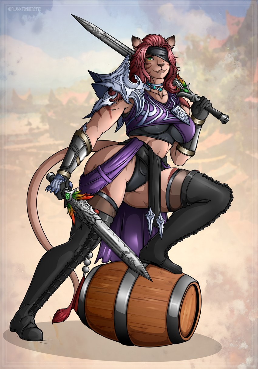 anthro barrel big_breasts black_clothing black_legwear black_thigh_boots black_thigh_highs boots breasts brown_body brown_fur clothed clothed_anthro clothed_female clothing eye_patch eyewear female footwear fur green_eyes hair holding_melee_weapon holding_object holding_sword holding_weapon legwear melee_weapon pose red_hair shoes solo sword tail thigh_boots thigh_highs weapon planktonheretic final_fantasy final_fantasy_xiv square_enix felid hrothgar mammal 2025 hi_res