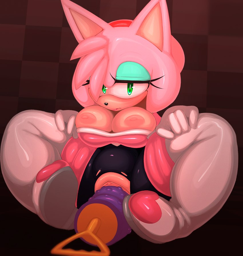 anthro big_breasts blush breasts clothed clothing cosplay dildo dildo_insertion duo female fur genitals gloves green_eyes hair handwear nipples penetration pink_body pussy ribbed_dildo sex_toy sex_toy_insertion solo ephemilie sega sonic_the_hedgehog_(series) amy_rose rouge_the_bat eulipotyphlan hedgehog mammal digital_media_(artwork) hi_res