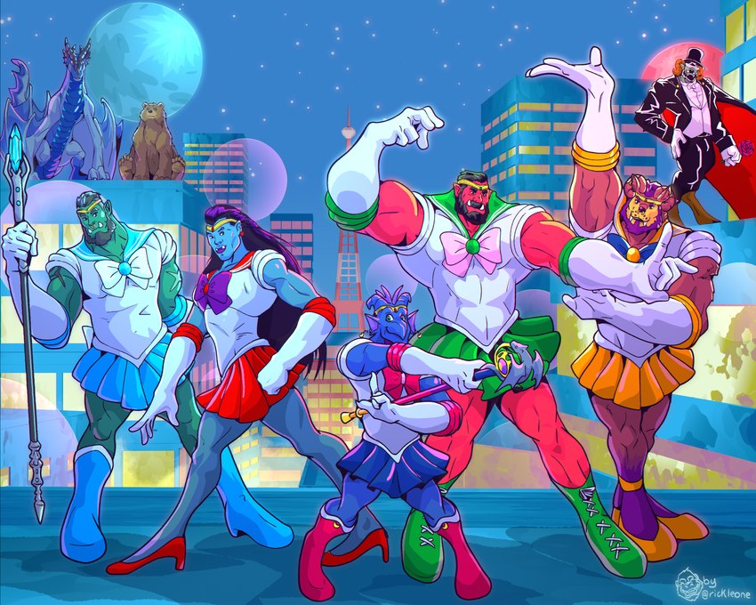 city female male muscular muscular_male pastel_colors sailor_moon_costume sailor_moon_parody vivern rickleone sailor_moon_(series) bear canid canine canis hybrid kobold mammal orc wolf 5:4 absurd_res hi_res