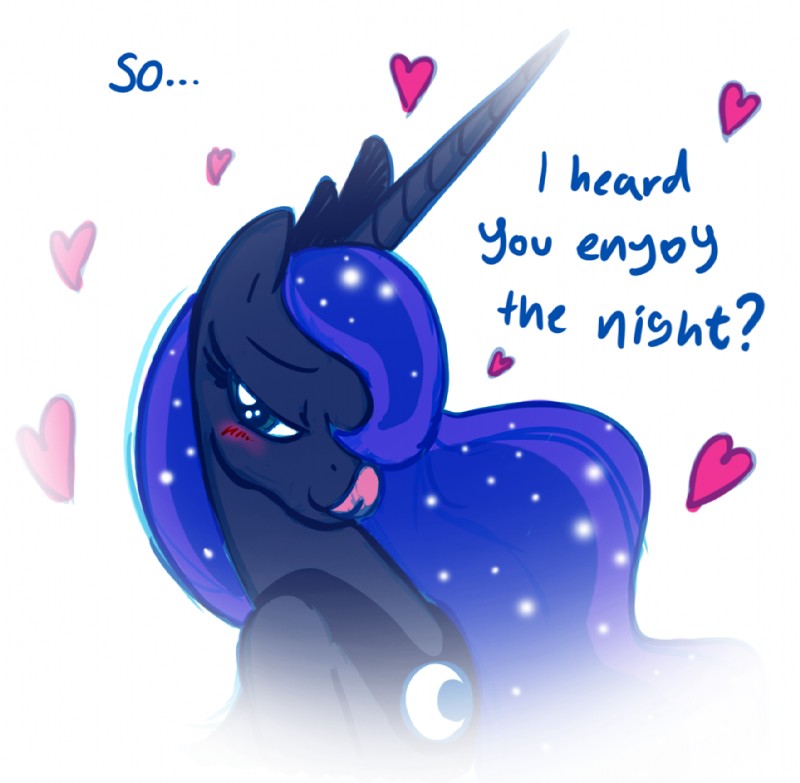 bedroom_eyes blue_hair blush cosmic_hair dialogue ethereal_hair female feral hair heart_symbol horn licking licking_lips licking_own_lips narrowed_eyes seductive self_lick simple_background solo starry_hair text tongue tongue_out white_background mickeymonster friendship_is_magic hasbro my_little_pony mythology princess_luna_(mlp) equid equine mammal mythological_creature mythological_equine unicorn 2012 english_text