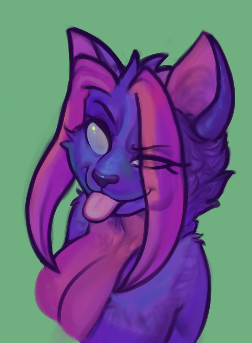 anthro blep breasts cheek_tuft cleavage clothed clothing facial_tuft female fur green_background looking_at_viewer multicolored_body multicolored_fur no_pupils purple_body purple_fur simple_background smile solo tongue tongue_out tuft two_tone_body two_tone_fur diadorin trpc_(felisrandomis) domestic_cat felid feline felis mammal turkish_angora 2021 absurd_res hi_res