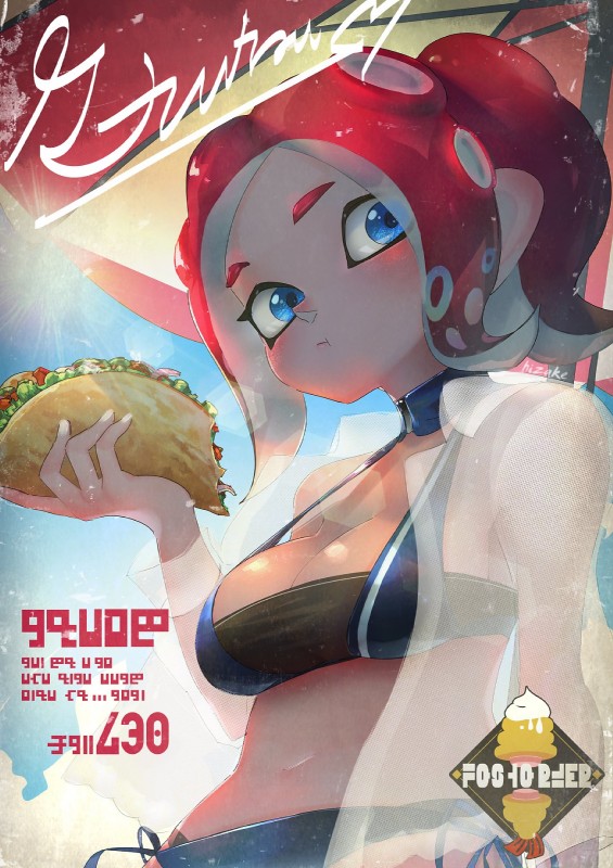 bikini black_clothing blue_eyes blush bra clothing coat eating female food hair holding_food holding_object humanoid_pointy_ears looking_at_viewer low-angle_view navel outside panties pointy_ears pseudo_hair red_hair short_hair solo swimwear taco tentacle_hair tentacles text topwear two-piece_swimsuit umbrella underwear hizake nintendo splatoon agent_8_(splatoon) animal_humanoid cephalopod cephalopod_humanoid humanoid marine marine_humanoid mollusk mollusk_humanoid octarian octoling cover hi_res magazine_cover