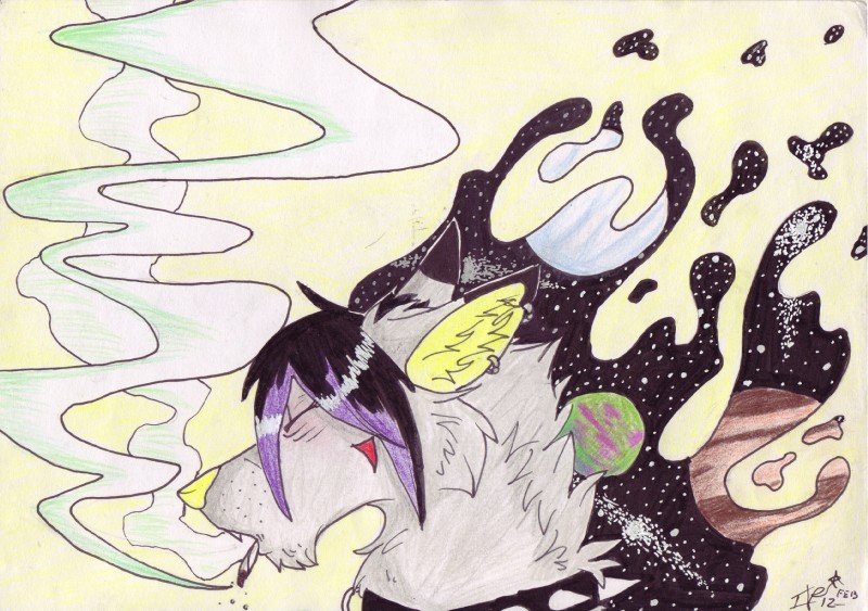 ambiguous_gender anthro collar drugs galaxies galaxy marijuana planet red_eyes simple_background smoke solo space tripping_balls tsukinoookami kaiaki_moonwolf_(i-ki) canid canine canis domestic_dog mammal 2012 colored_pencil_(artwork) hi_res marker_(artwork) mixed_media pen_(artwork) traditional_media_(artwork)