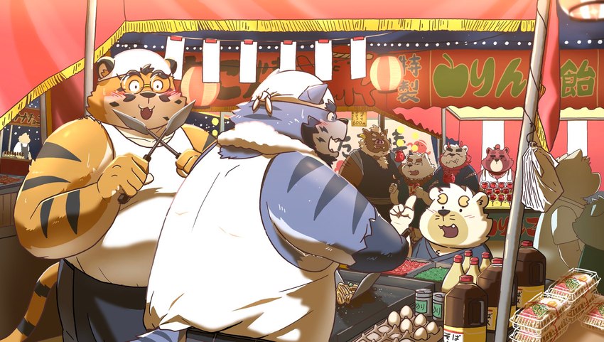 blue_body blush brown_body clothing detailed_background eyewear food glasses group horn jinbei_(clothing) kemono male orange_body outside overweight overweight_male shirt text topwear white_body hon55728 bear felid mammal pantherine suid suine sus_(pig) tiger wild_boar 2024 hi_res japanese_text