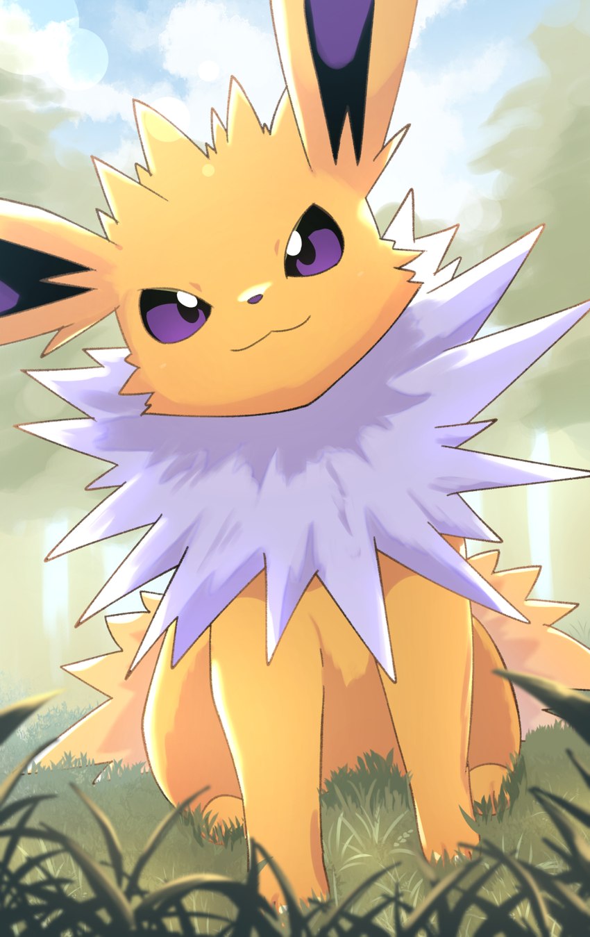 ambiguous_gender closed_smile detailed_background feral front_view fur glistening glistening_body grass mouth_closed multicolored_body multicolored_fur on_ground paws plant purple_body purple_eyes quadruped smile solo tree white_body white_fur yellow_body yellow_fur rumine nintendo pokemon eeveelution generation_1_pokemon jolteon pokemon_(species) hi_res