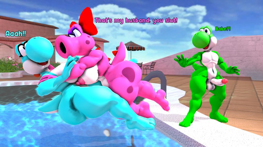 angry anthro barefoot big_breasts breasts curvy_figure dialogue erection falling feet female group imminent_fight male male/female muscular muscular_female nipples nude nudist shove siphon_(anatomy) swimming_pool tackle text thick_thighs trio water wide_hips daemont92 kabalmystic_(modeler) mario_bros nintendo birdo cyan_yoshi dinosaur green_yoshi prehistoric_species reptile scalie yoshi 16:9 2022 3d_(artwork) digital_media_(artwork) english_text hi_res source_filmmaker_(artwork) widescreen