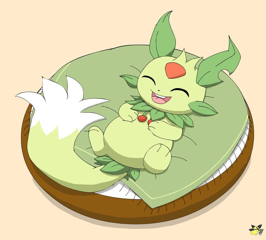 ambiguous_gender bed bedding blanket eyes_closed feral fluffy fluffy_tail fur furniture green_body green_fur lying on_back on_bed smile solo tail pichu90 palworld pocketpair lifmunk pal_(species) hi_res