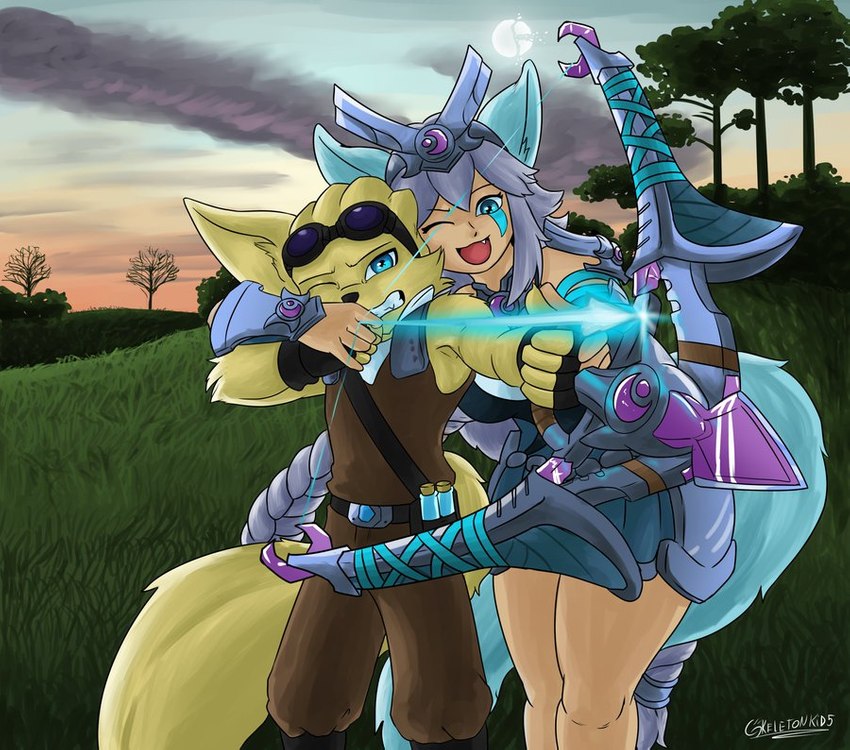 aiming anthro arrow_(weapon) blue_body blue_eyes blue_fur bow_(weapon) clothed clothing duo dusk eyewear eyewear_on_head female field fully_clothed fur goggles goggles_on_head grass happy helping male moon plant ranged_weapon tree weapon yellow_body yellow_fur skeletonkid5 hi-rez_studios paladins_(game) io_(paladins) pip_(paladins) animal_humanoid canid canid_humanoid canine canine_humanoid fox fox_humanoid humanoid mammal mammal_humanoid