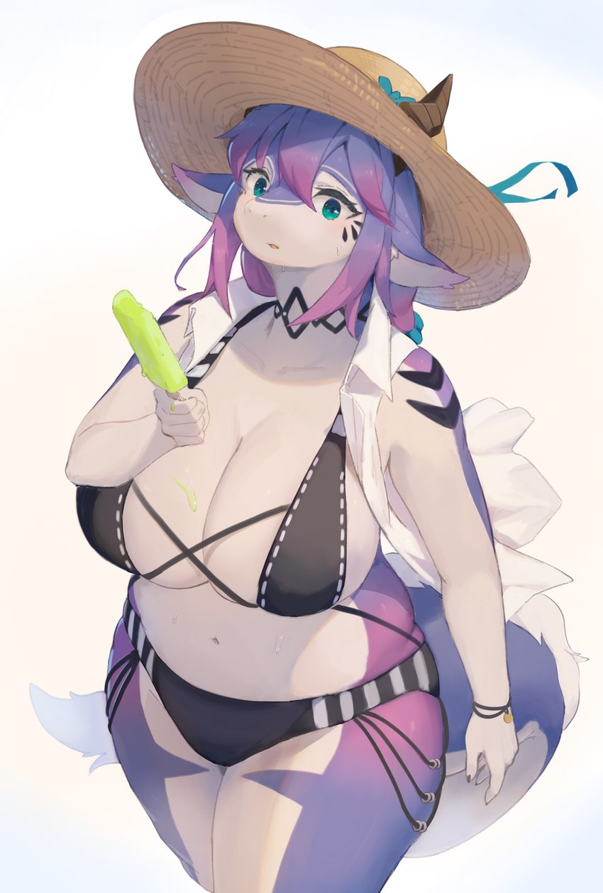 anthro big_breasts bikini black_bikini black_clothing black_swimwear blue_eyes breasts clothed clothing eyelashes female fingers food hair hat headgear headwear holding_food holding_object holding_popsicle horn kemono long_hair looking_at_viewer multicolored_hair navel popsicle purple_hair simple_background solo sun_hat swimwear tail two-piece_swimsuit two_tone_hair white_background lcshian mythology lanya_(lcshian) dragon mythological_creature mythological_scalie scalie wingless_dragon 2023 hi_res shaded