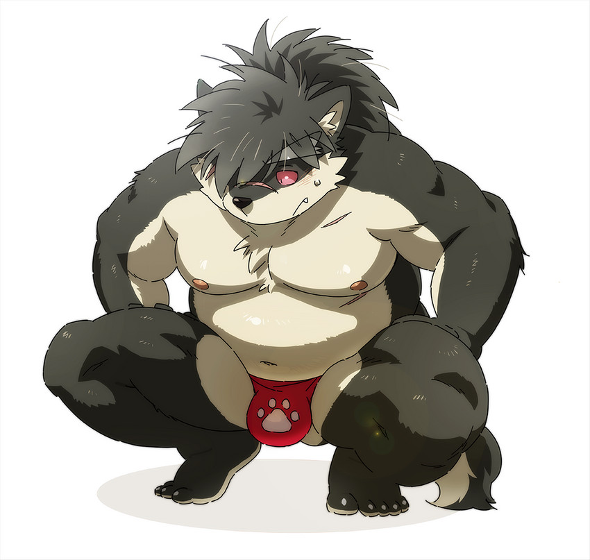 5_toes anthro asian_clothing belly blush bodily_fluids clothed clothing crouching east_asian_clothing facial_scar feet fundoshi fur fur_tuft grey_body grey_fur hair japanese_clothing male navel nipples overweight overweight_anthro overweight_male pecs pink_sclera ponytail red_clothing red_fundoshi red_underwear scar shadow simple_background solo sweat sweatdrop toes topless tuft underwear white_background diru11 rossciaco lifewonders tokyo_afterschool_summoners shino_(tas) canid canine canis domestic_dog mammal