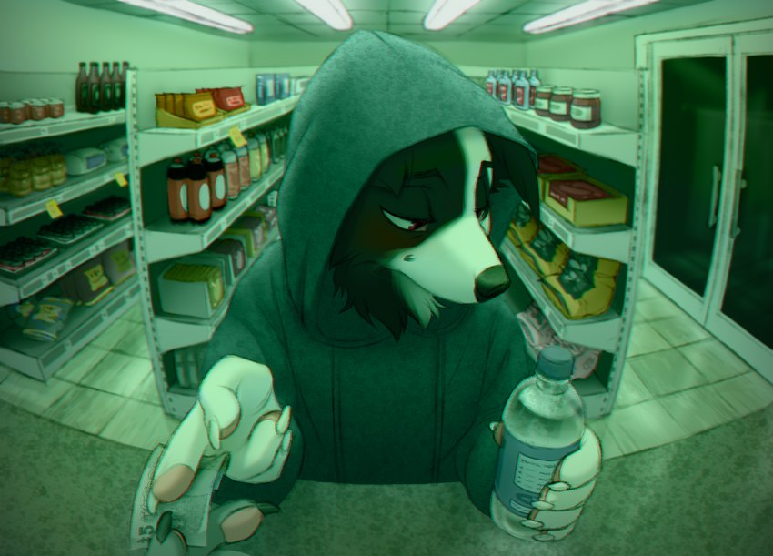 5_fingers anthro biped black_body black_fur blush bottle claws clothing container detailed_background disembodied_hand duo finger_claws fingers fisheye_lens fur gas_station grey_body grey_clothing grey_fur grey_hoodie grey_topwear holding_money holding_object hood hoodie humanoid_hands looking_away male male_anthro money night note pawpads red_eyes shelf solo_focus store topwear water_bottle white_body white_fur celeste_(artist) canid canine canis collie domestic_dog herding_dog mammal pastoral_dog sheepdog 2021 hi_res