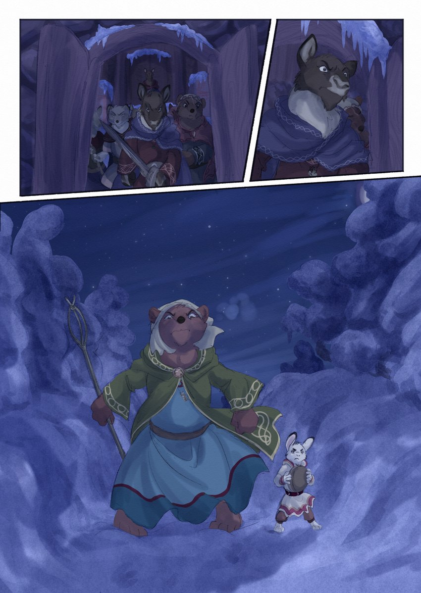 anthro brown_body brown_fur clothed clothing female fur group holding_object holding_weapon larger_anthro larger_female male melee_weapon outside size_difference smaller_anthro smaller_male snow snowing sword weapon white_body white_fur bjekkergauken hjordis nanna_(bjekkergauken) vide_(bjekkergauken) bear brown_bear deer hare lagomorph leporid mammal moose mountain_hare new_world_deer ursine 2024 absurd_res colored comic digital_media_(artwork) hi_res