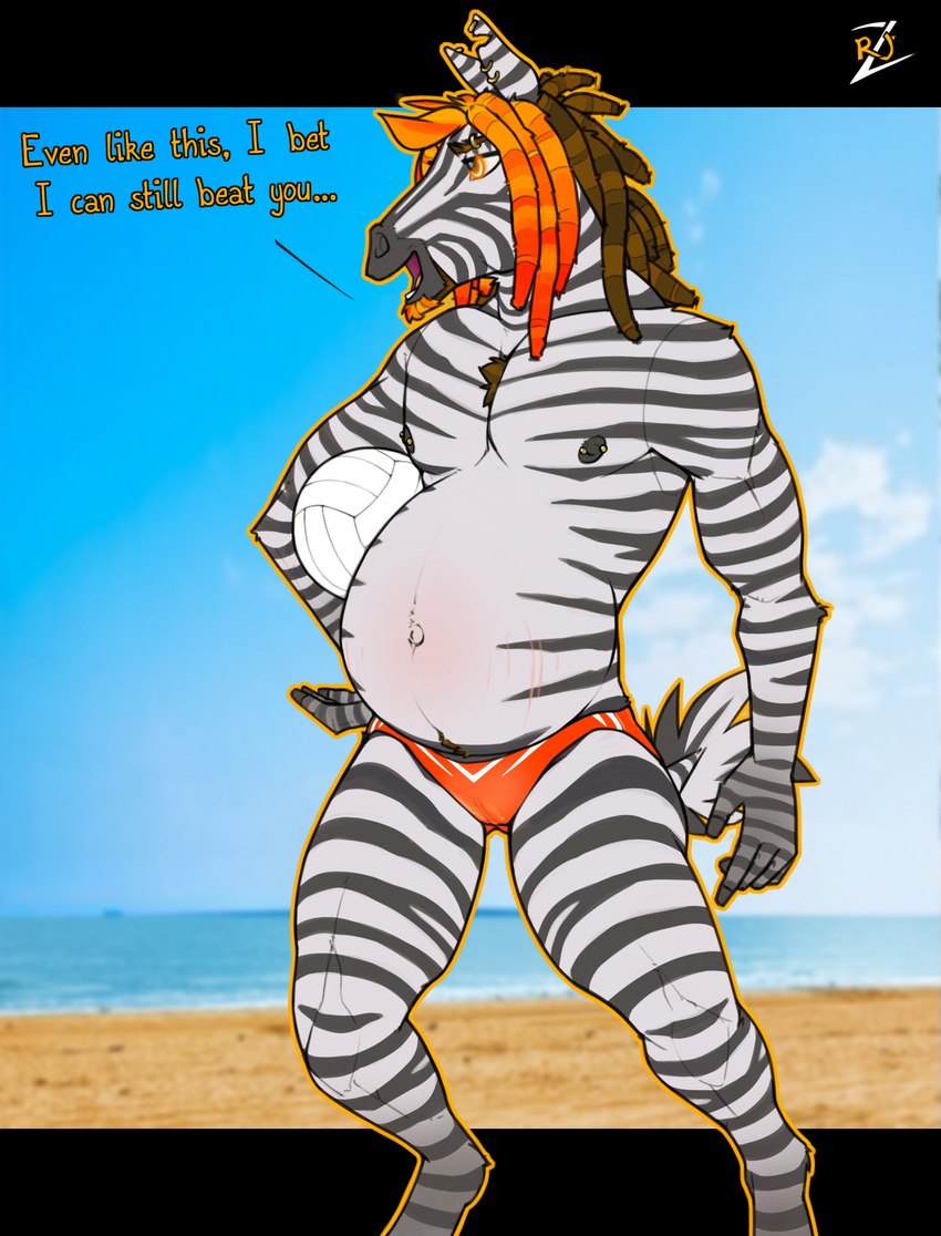 andromorph anthro beach beard camel_toe clothing dialogue dreadlocks ear_piercing eyebrow_piercing facial_hair facial_piercing intersex navel nipple_piercing nipples piercing pregnant pregnant_andromorph pregnant_intersex scar solo stretch_marks swimwear text rj_zenith rj_(rj_zenith) equid equine mammal zebra english_text hi_res