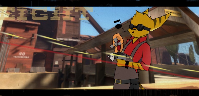 2fort anthro engineer_(profession) eyewear fur goggles male musical_note musical_symbol orange_body orange_fur red_team solo stripes symbol the_wrangler whistling eightysix ratchet_and_clank sony_corporation sony_interactive_entertainment team_fortress_2 valve eight_(character) engineer_(team_fortress_2) lombax mammal