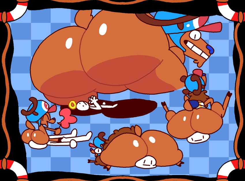 all_fours ambiguous_gender anthro antlers backpack big_butt black_eyes blue_clothing blue_hat blue_headwear blue_nose bottomless brown_antlers brown_body brown_fur brown_tail butt butt_smother candy checkered checkered_background clothed clothing cotton_candy dessert duo eyes_closed facesitting food fur glistening glistening_body glistening_butt halo happy hat headgear headwear holding_food holding_object hooves horn huge_butt life_ring looking_back lying lying_on_ground male multicolored_clothing multicolored_hat multicolored_topwear nude on_ground partially_clothed pattern_background rear_view red_clothing red_hat red_headwear rope simple_background sitting_on_another size_difference smothering swim_ring tail teeth thick_thighs topwear two_tone_clothing two_tone_topwear white_body white_clothing white_hat white_headwear white_topwear yellow_clothing yellow_topwear superiorfox one_piece tony_tony_chopper tony_tony_chopper_(guard_point_form) tony_tony_chopper_(monster_point_form) tony_tony_chopper_(walk_point_form) deer humanoid mammal new_world_deer reindeer 2023 digital_media_(artwork) hi_res