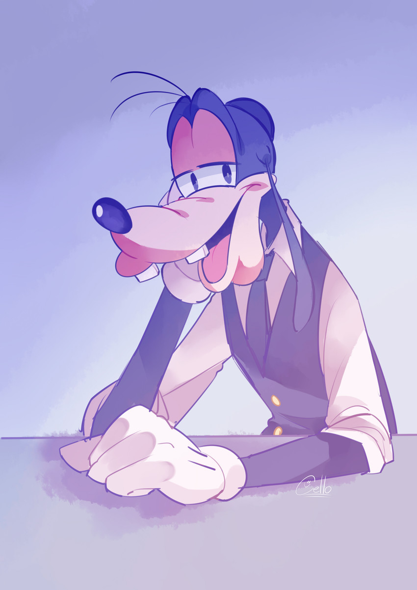 anthro arm_support black_nose buckteeth clothed clothing gloves half-closed_eyes handwear leaning_on_elbow looking_at_viewer male narrowed_eyes simple_background sitting solo teeth topwear vest white_clothing white_gloves white_handwear cello2424 disney goofy_(disney) canid canine canis domestic_dog mammal 2020 absurd_res digital_drawing_(artwork) digital_media_(artwork) hi_res signature