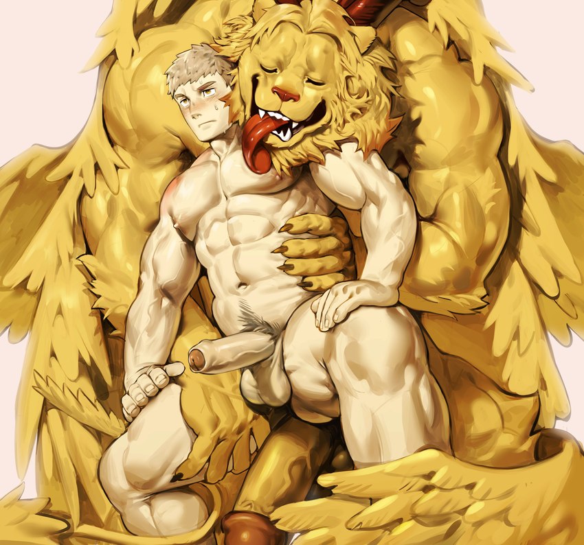 abs anthro balls big_muscles big_pecs big_penis blonde_hair blonde_mane blush bodily_fluids chest_lick duo erection eyes_closed feathered_wings feathers fur genitals hair holding_partner horn human_on_anthro humanoid_genitalia humanoid_penis interspecies larger_anthro larger_male licking male male/male mane muscular muscular_anthro muscular_human muscular_male navel nipples nude open_mouth pecs penis pubes sharp_teeth size_difference smaller_human smaller_male sweat teeth tongue tongue_out wings yellow_body yellow_fur art_uza delicious_in_dungeon laios_touden winged_lion_(delicious_in_dungeon) felid human lion mammal pantherine absurd_res hi_res