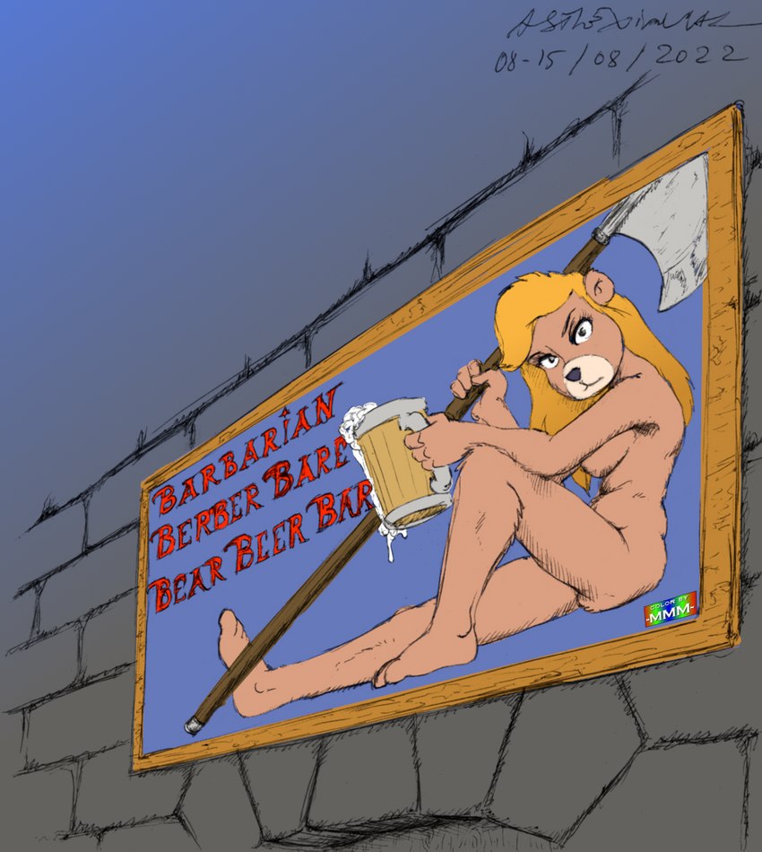 anthro beer_mug blonde_hair breasts brown_body brown_fur female fur hair looking_at_viewer melee_weapon nude polearm sign solo spear text weapon asthexiancal marmelmm third-party_edit disney gummi_bears ursa_(gummi_bears) bear mammal 2022 color_edit colored english_text hi_res