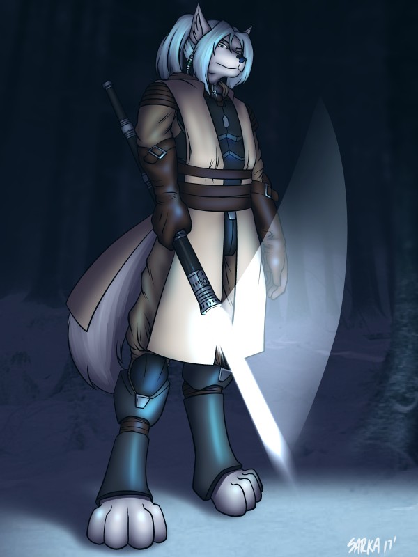 5_fingers anthro armor beads belt blue_hair breastplate clothing digitigrade feet fingers foot_wraps forest fur gloves hair handwear holding_melee_weapon holding_object holding_polearm holding_weapon jedi lightpike lightsaber lightsaber_polearm male melee_weapon paws plant polearm robe smile snow solo tree weapon white_body white_eyes white_fur white_hair white_lightsaber wraps asarkadraws star_wars fan_character locke_surnahm canid canine canis kanj'isha mammal wolf 3:4 absurd_res hi_res