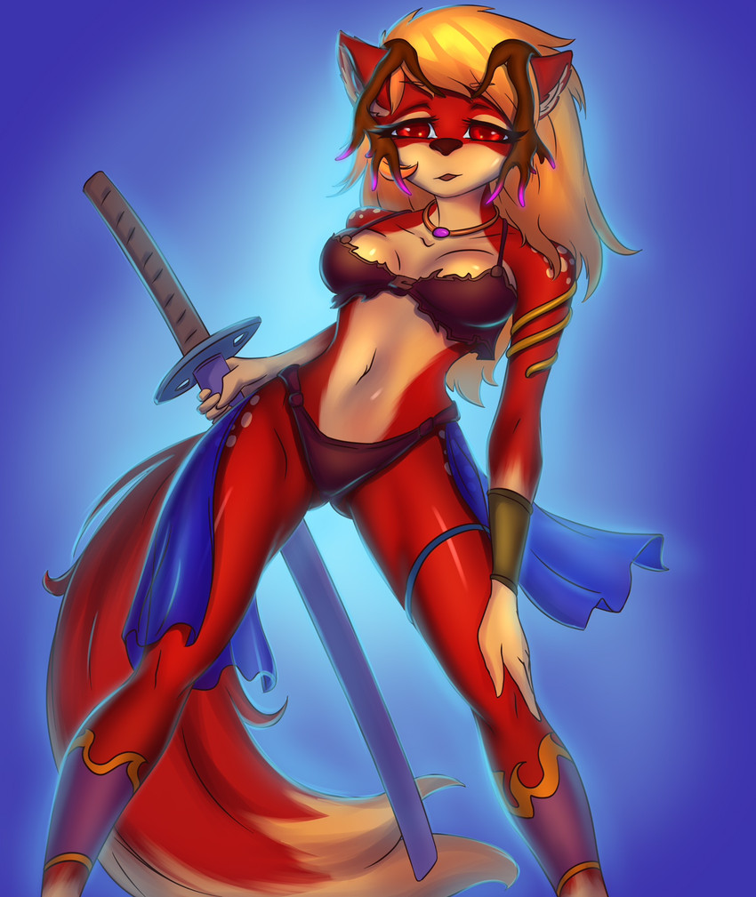 anthro breasts clothed clothing female horn melee_weapon solo sword weapon prisma6 canid canine mammal hi_res