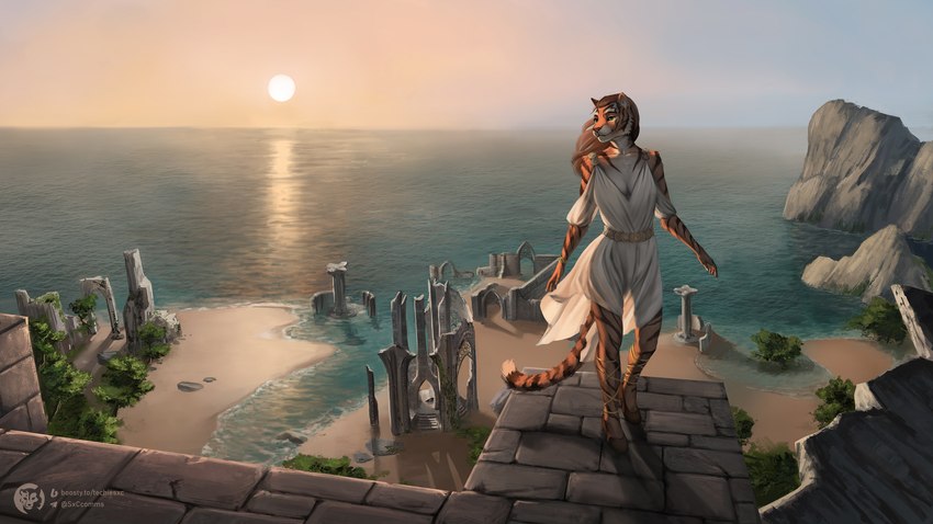 anthro beach building clothed clothing dress female hair long_hair rocky_shore ruins sand sea solo structure sunset tail water techiesxc microsoft the_elder_scrolls felid khajiit mammal pantherine tiger hi_res