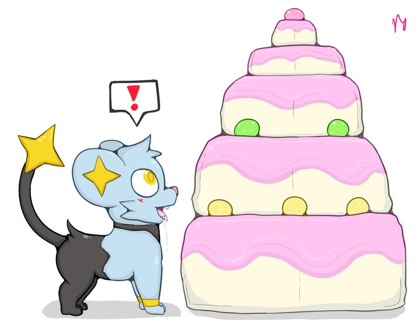 black_body black_fur blue_body blue_fur blush blush_lines bodily_fluids cake dessert drooling exclamation_point feral food fur male raised_tail saliva saliva_string shadow simple_background solo tail yellow_eyes pfh nintendo pokemon generation_4_pokemon pokemon_(species) shinx