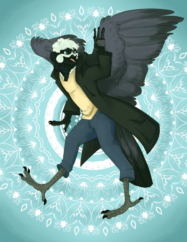 4_toes 5_fingers anisodactyl anthro avian_feet beak biped blue_eyes bottomwear clothed clothing coat digitigrade feathered_wings feathers feet fingers fully_clothed grey_body grey_skin hair male mandala_background markings pants scutes shirt smile solo standing talons toes topwear wings nightingalelost avian bird fairywren malurid oscine passerine superb_fairywren 2019 absurd_res digital_media_(artwork) hi_res