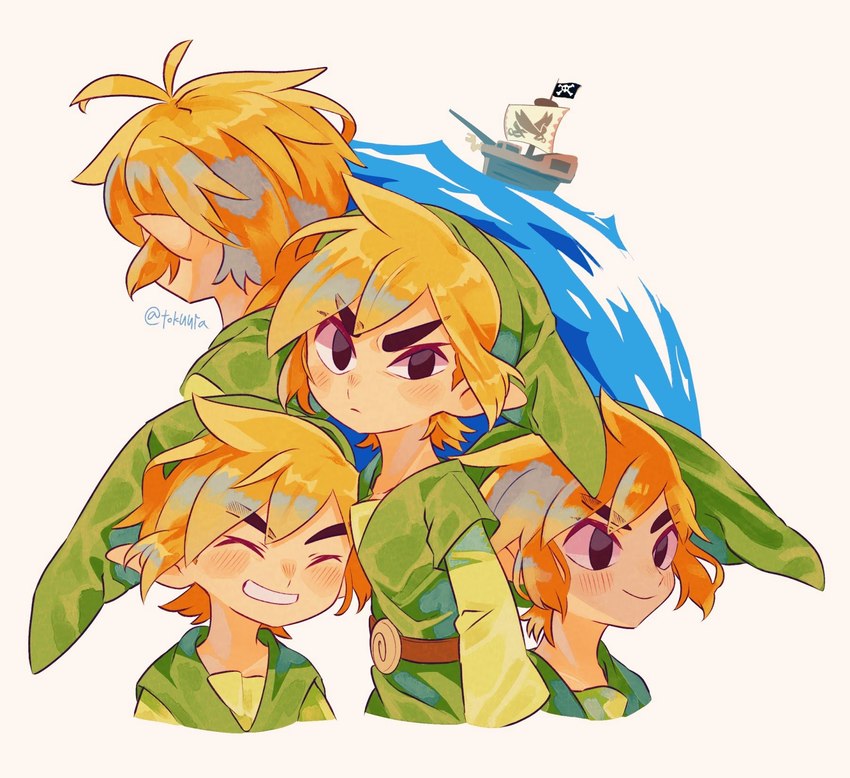 belt blonde_hair boat clothing hair hat headgear headwear humanoid_pointy_ears light_body light_skin male multiple_poses not_furry pointy_ears pose shirt simple_background smile topwear tunic vehicle water watercraft tokuura nintendo the_legend_of_zelda wind_waker toon_link humanoid hylian hi_res signature