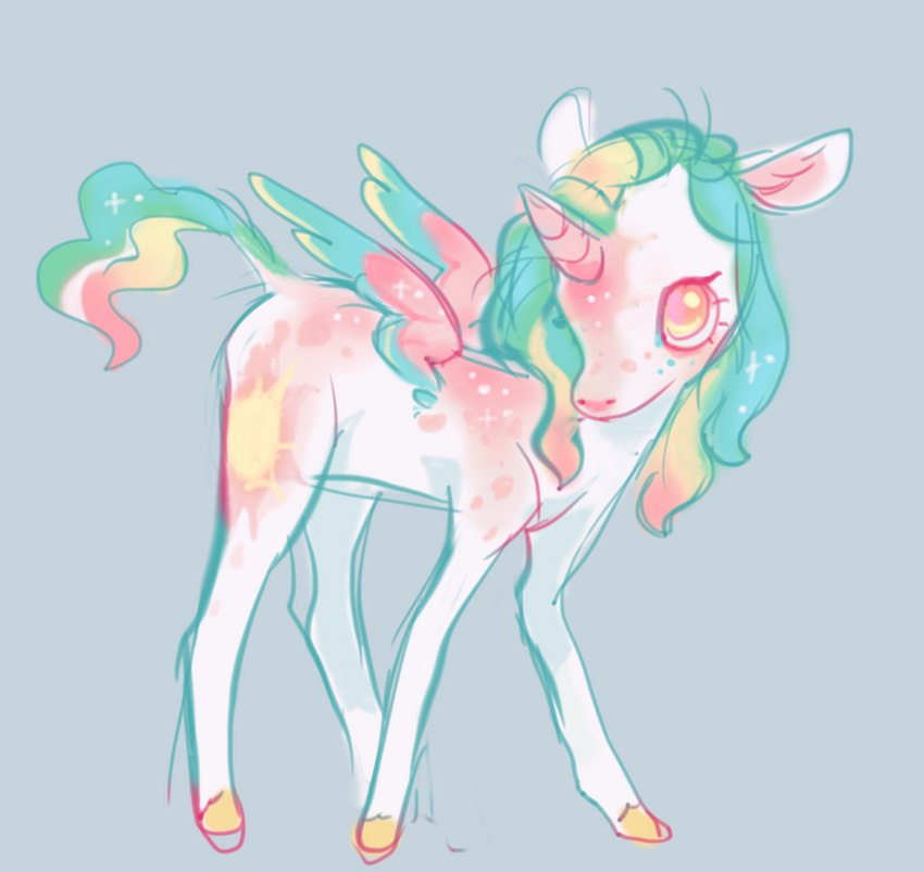 cutie_mark ears_back eyelashes female feral hair hooves horn looking_at_viewer multicolored_hair multicolored_tail orange_eyes pivoted_ears solo starry_body starry_hair starry_tail tail white_body wings yellow_hooves young young_feral sillygirlie friendship_is_magic hasbro my_little_pony mythology princess_celestia_(mlp) equid equine mammal mythological_creature mythological_equine winged_unicorn hi_res sketch