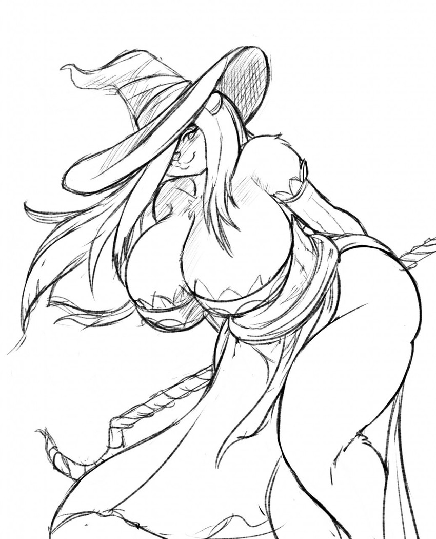 anthro big_breasts breasts cleavage clothed clothing female hair hair_over_eye hands_behind_back hat headgear headwear huge_breasts leaning leaning_forward looking_at_viewer magic_user one_eye_obstructed skimpy smile solo staff wide_hips wind witch_hat jwinkz dragon's_crown vanillaware amara_(jwinkz) sorceress_(dragon's_crown) bear mammal hi_res monochrome